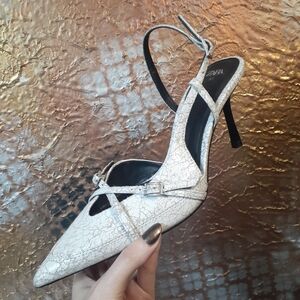 Zara White Faux Leather Cracked-Pattern Pointed Slingback Heels